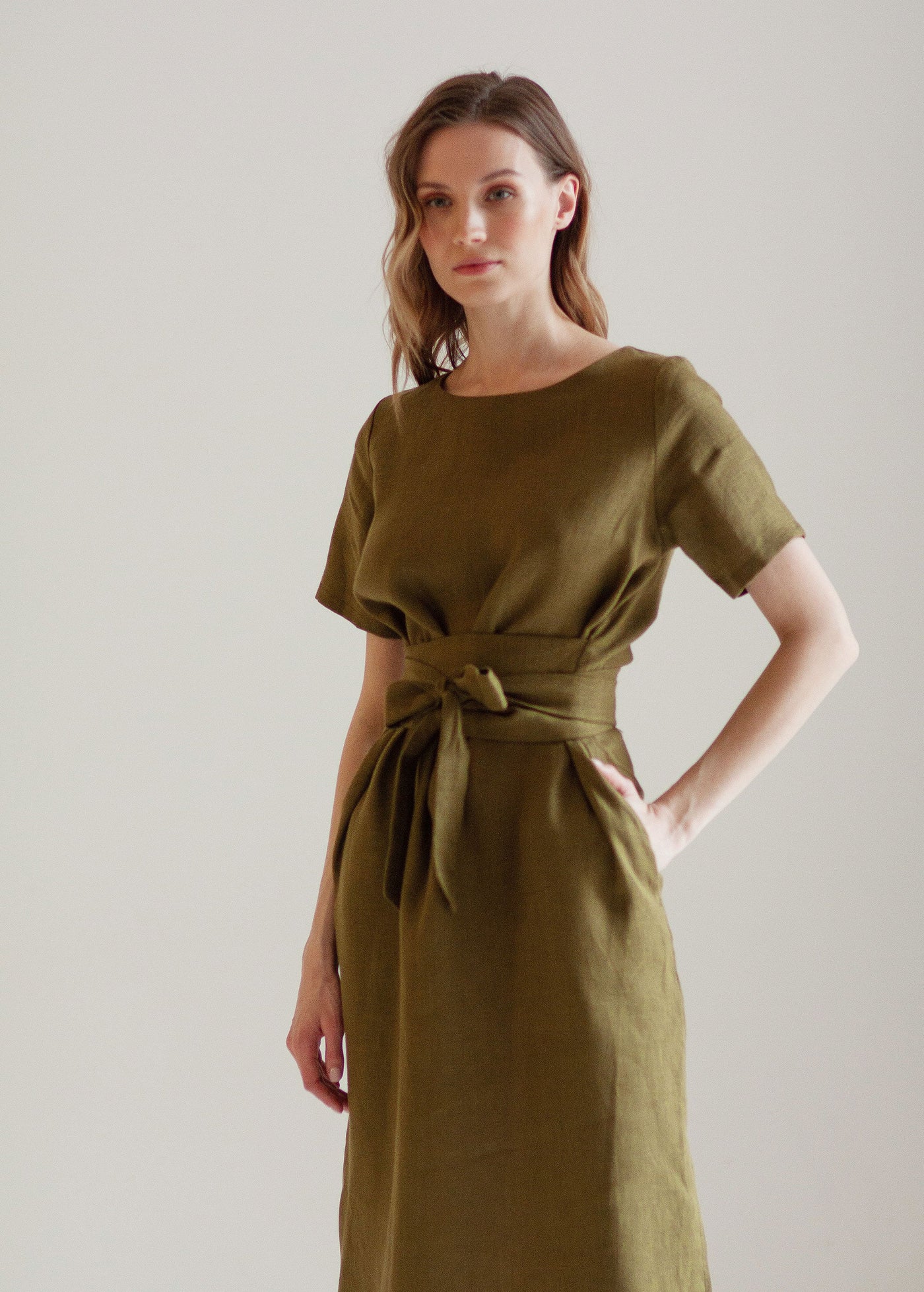 "Corina" Khaki Green Linen Dress