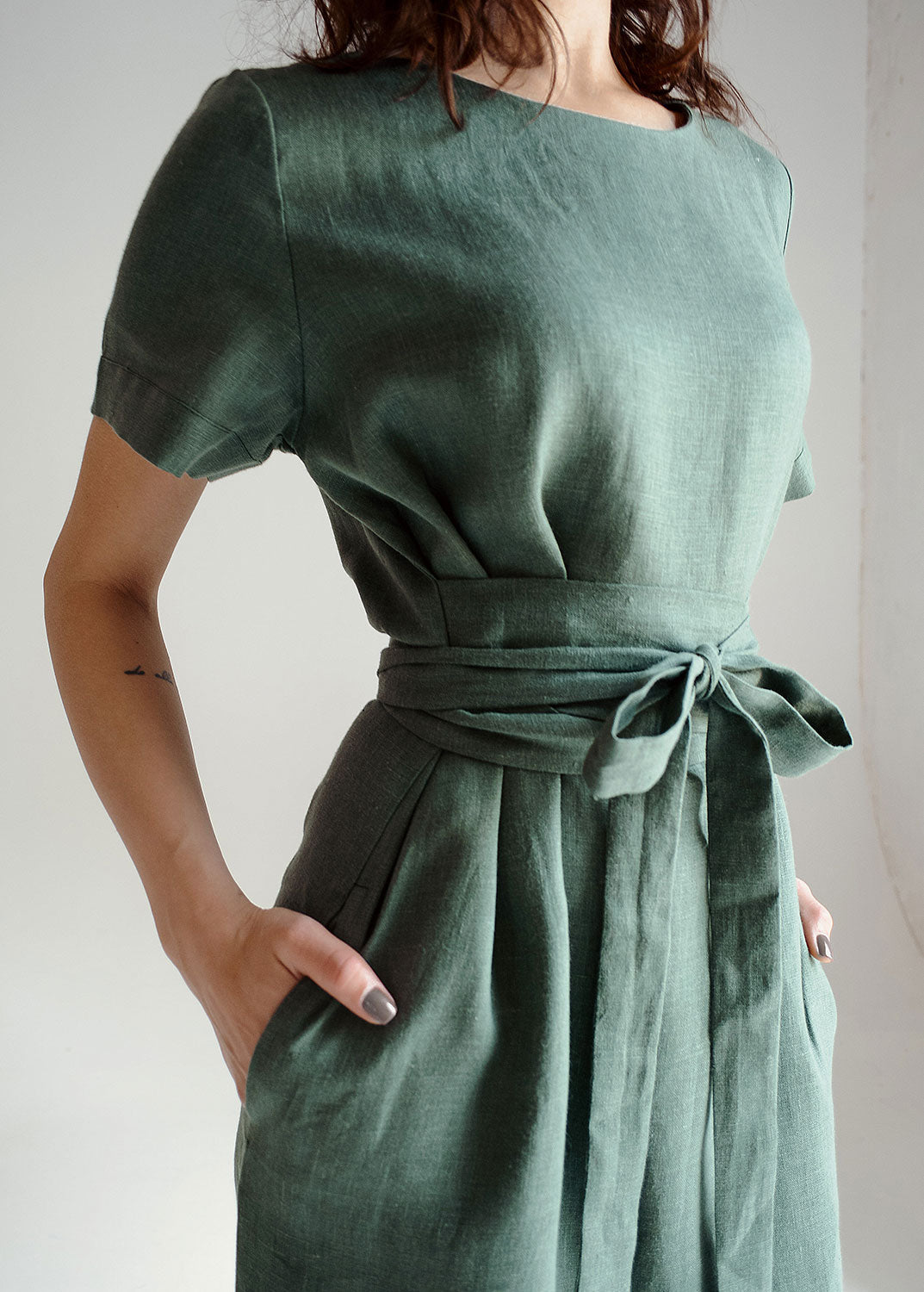 "Corina" Linen Sage Green Midi Dress