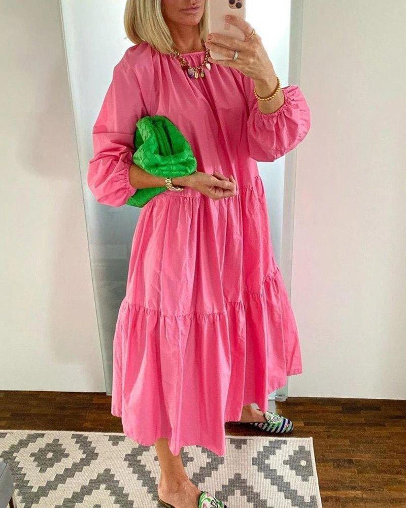 Fashion Pink Long Sleeve Pure Color Midi Dress