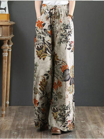 Casual Cotton And Linen Printed Wide-Leg Pants
