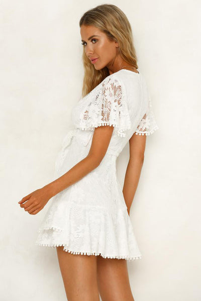 Women White Flutter Sleeve Wrap V Neck Floral Lace Short Dress
