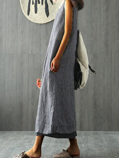 Women's Solid Color Round Neck Loose Sleeveless Cotton Linen Dress