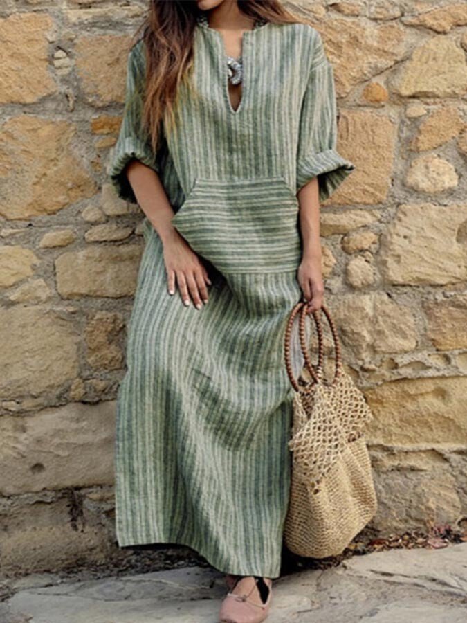 Ladies cotton and linen yarn-dyed striped loose dress