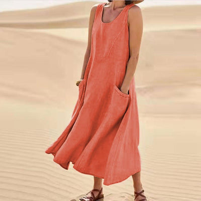 Women's Cotton Linen Solid Sleeveless Dress