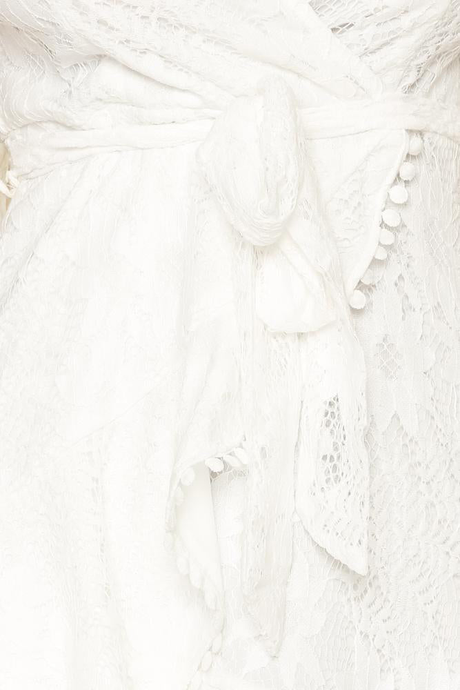 Women White Flutter Sleeve Wrap V Neck Floral Lace Short Dress