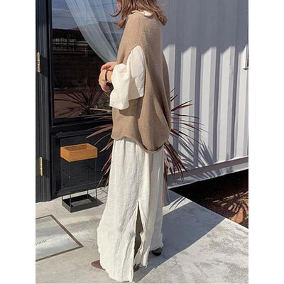 Japanese solid color long sleeve shirt Dress With loose knit sweater two piece suit