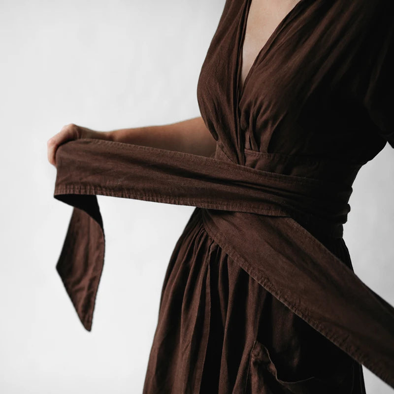 Women's Fashion V Neck Belt High Waist Short Sleeves Cotton Linen Dress