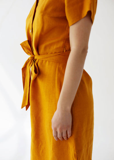 "Daisy" Mustard Button Front Linen Dress