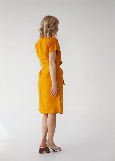 "Daisy" Mustard Button Front Linen Dress