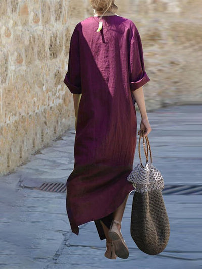 Women's Cotton Linen Casual Slit Pocket Dress