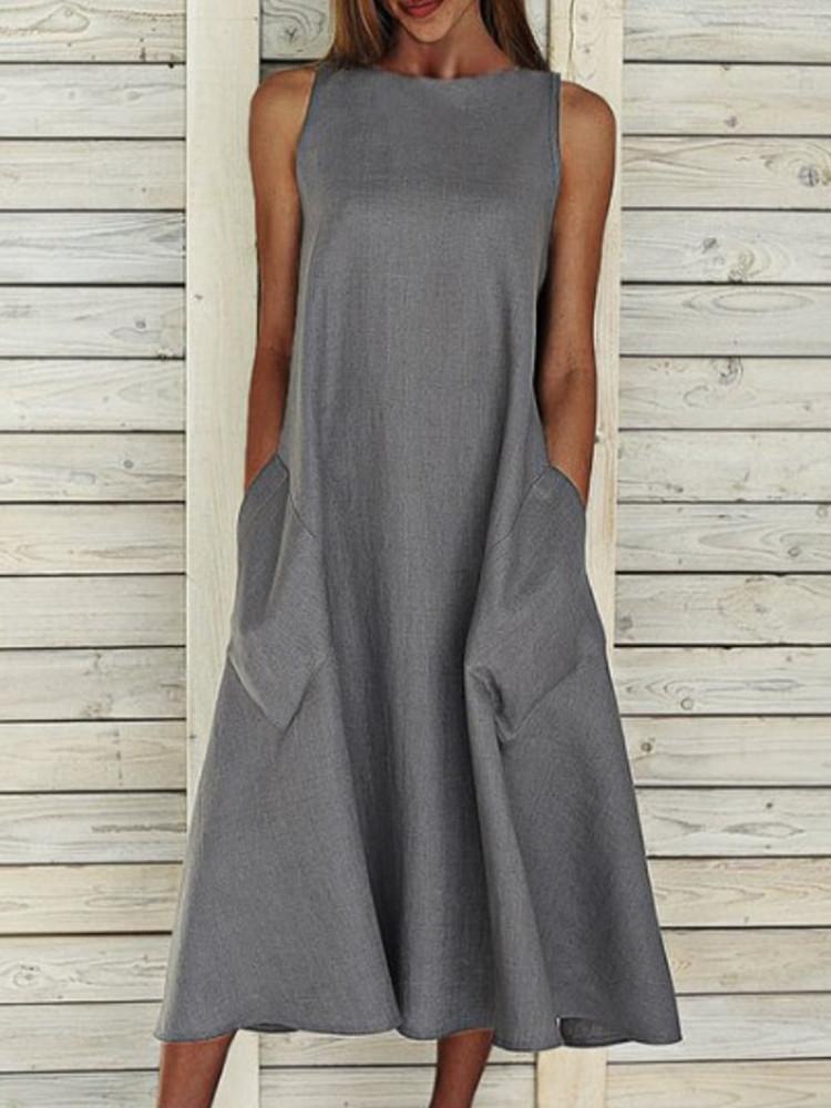 Solid A-Line Sleeveless Pockets Midi Dress