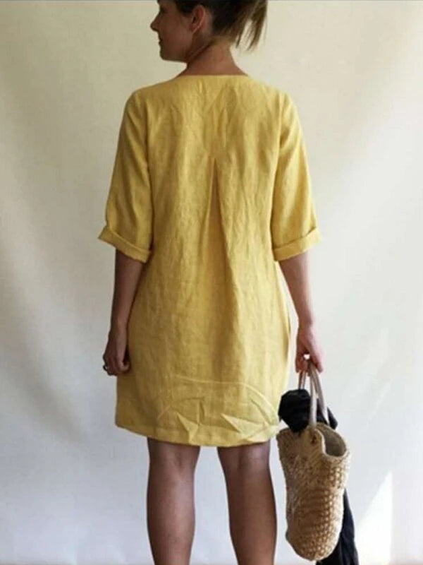 Women's V-neck Solid Color Cotton And Linen Loose Dress