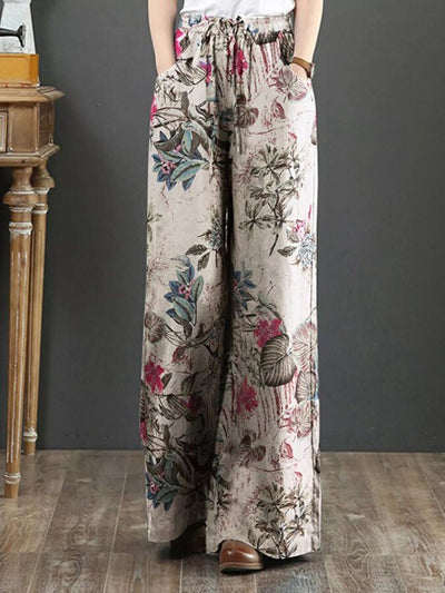 Casual Cotton And Linen Printed Wide-Leg Pants