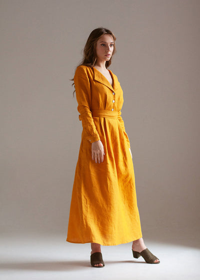 "Tristan" Mustard Yellow Linen Maxi Dress with buttons
