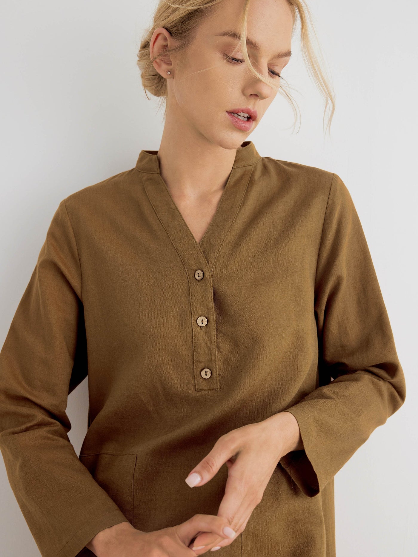 Jessie Linen V-Neck Button-Front Long-Sleeve Maxi Dress