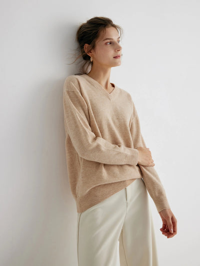 Esme 100% Merino Wool Oatmeal V-Neck Relaxed Fit Pullover