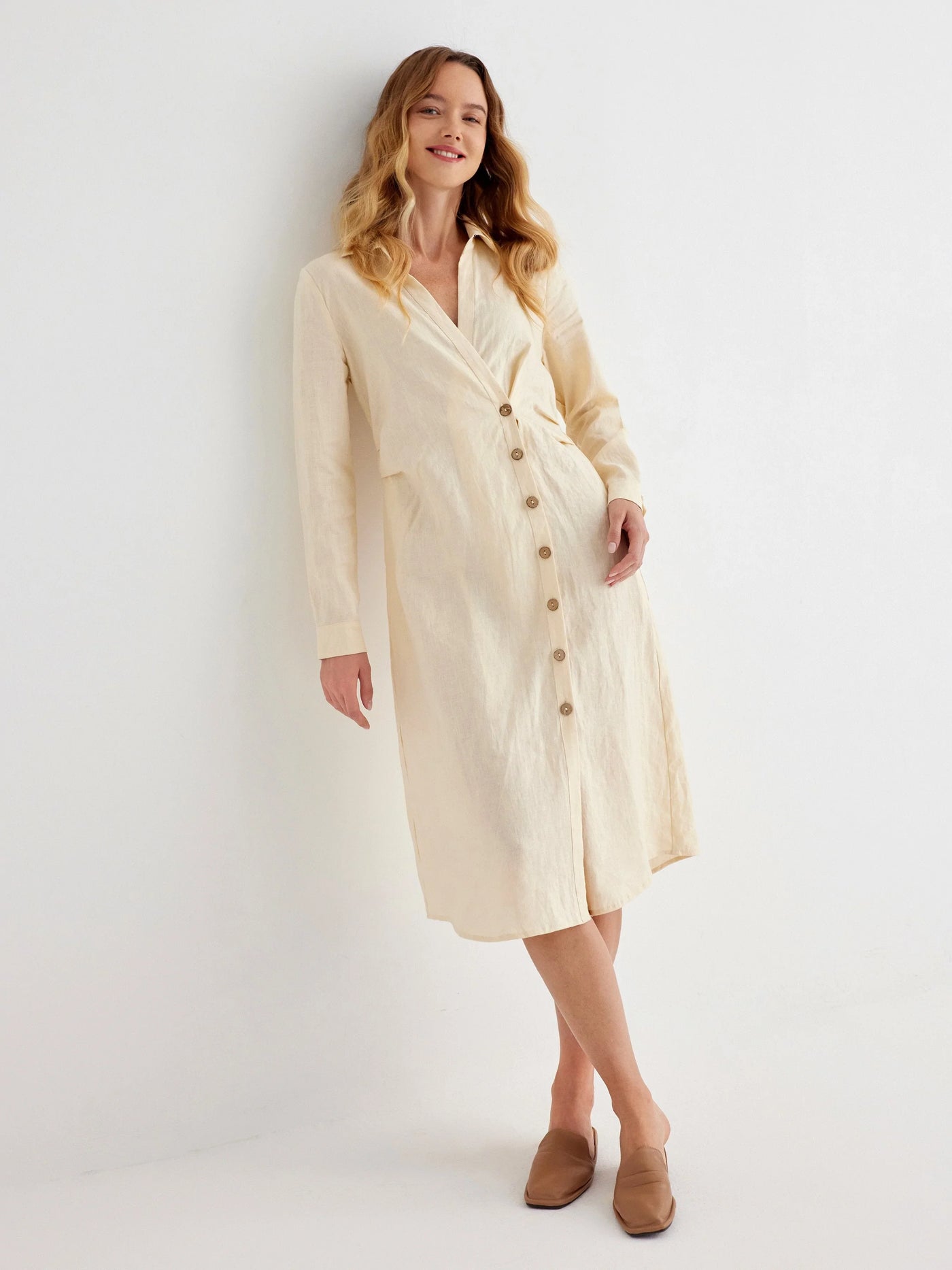 Fei 100% Linen Fitted Button Front Midi Dress