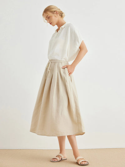 Nora 100% Linen Elastic Waist Pockets Full Skirt