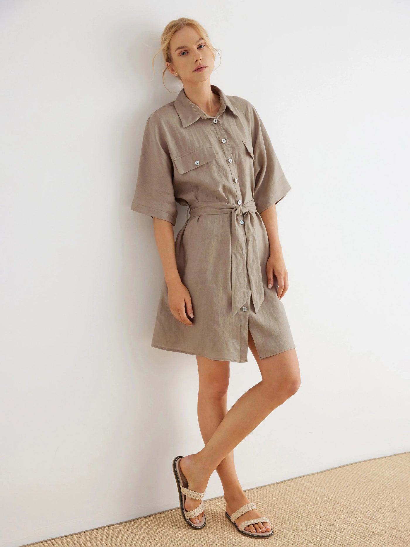 Vivi 100% Linen Dolman Sleeve Belted Mini Shirt-Dress