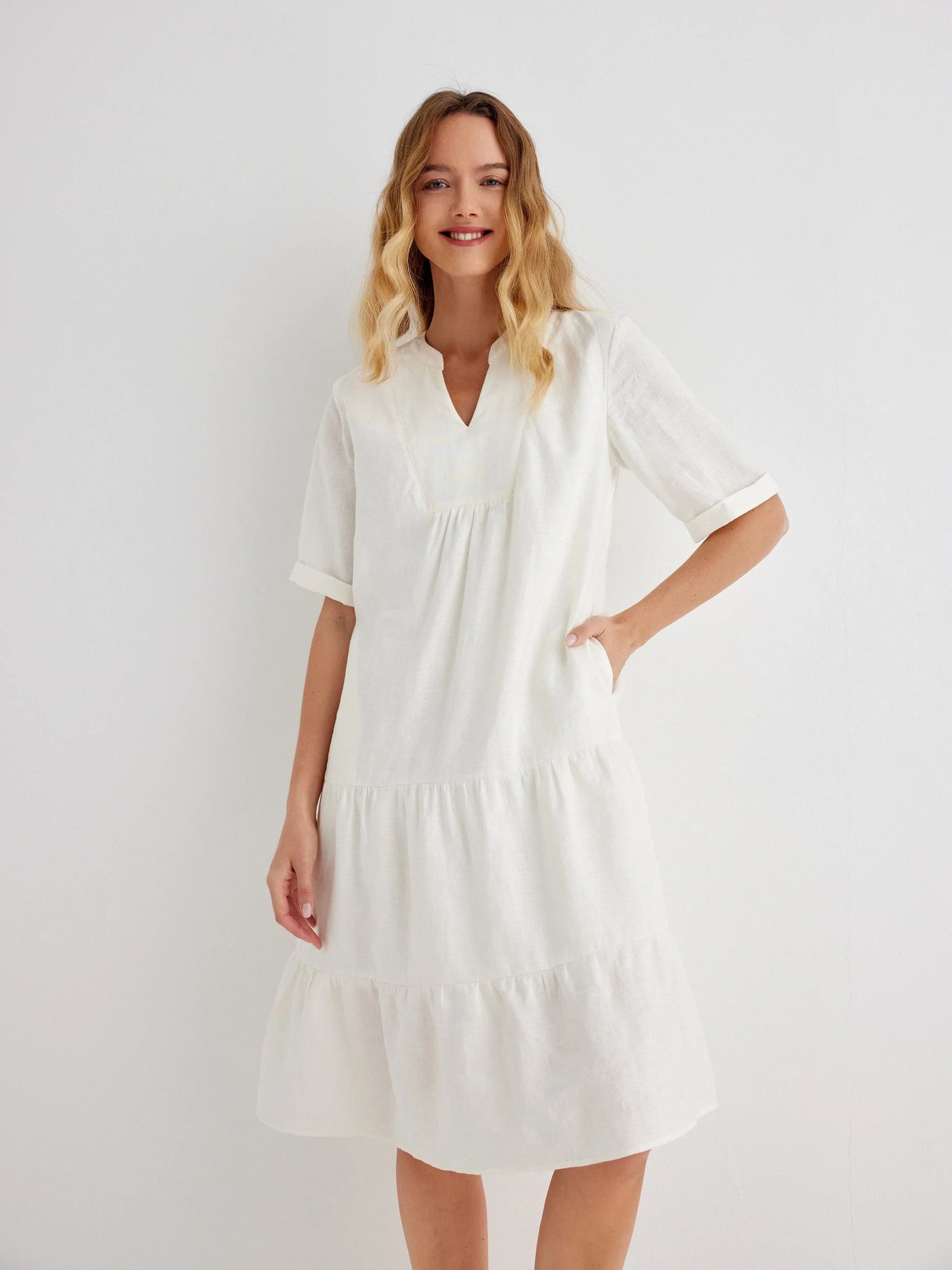 Fallon 100% Linen Relaxed FIt V-neck Tiered Dress