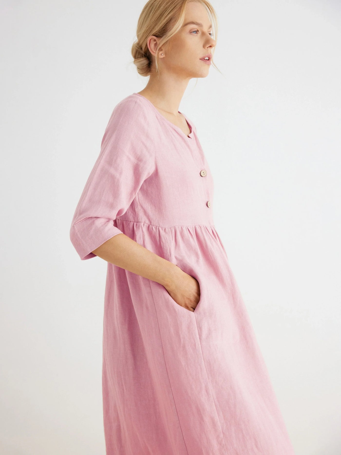 Chi-Chi 100% Linen Button Front Gathered Waist Swing Dress