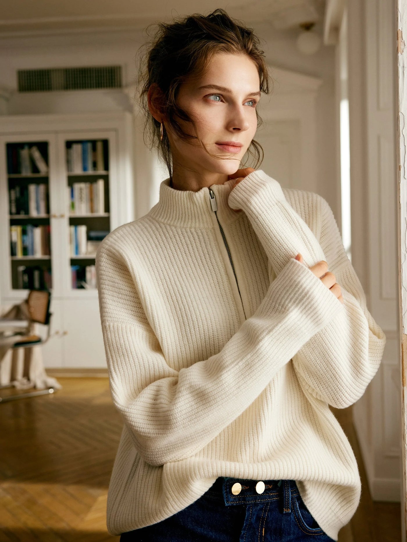 Rowan 100% Merino Wool White Quarter-Zip Relaxed Fit Pullover