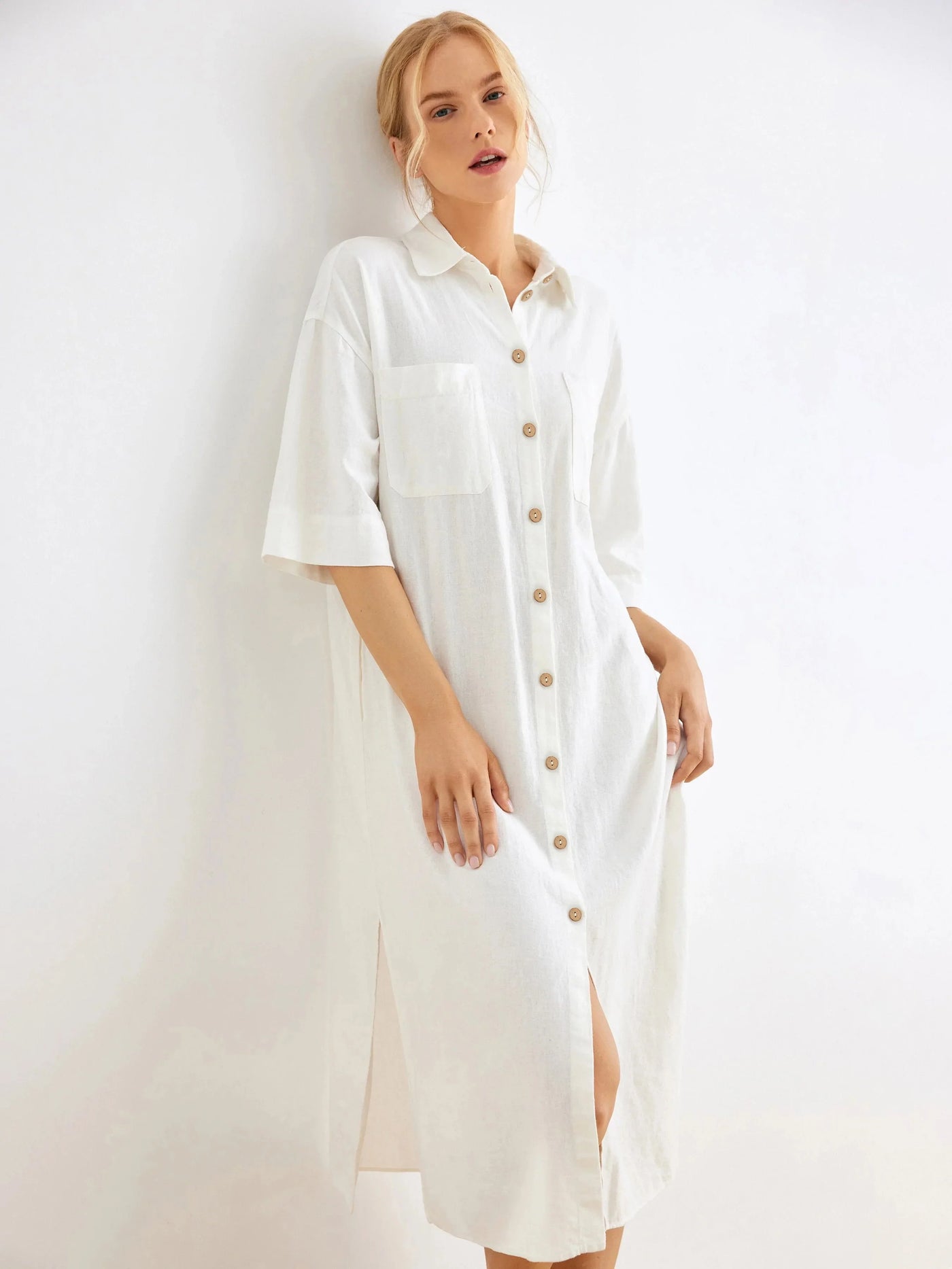 Ida 100% Linen Chest Pockets Button-Front Shirt Dress