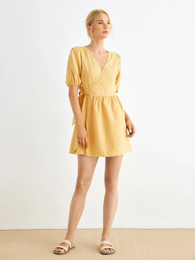 Willa 100% Linen Puff-Sleeve Wrap Dress-Fall in love