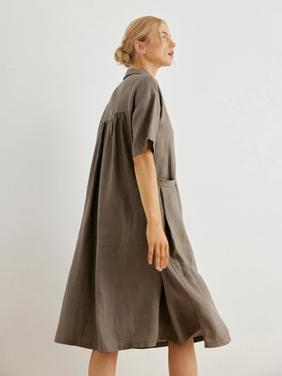 Eloise 100% Linen Collared Pockets Trapeze Dress