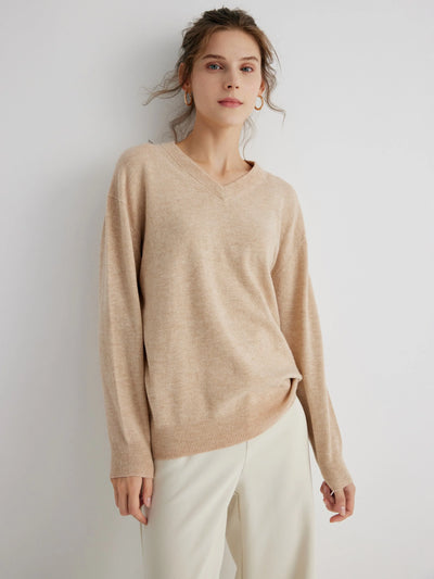 Esme 100% Merino Wool Oatmeal V-Neck Relaxed Fit Pullover