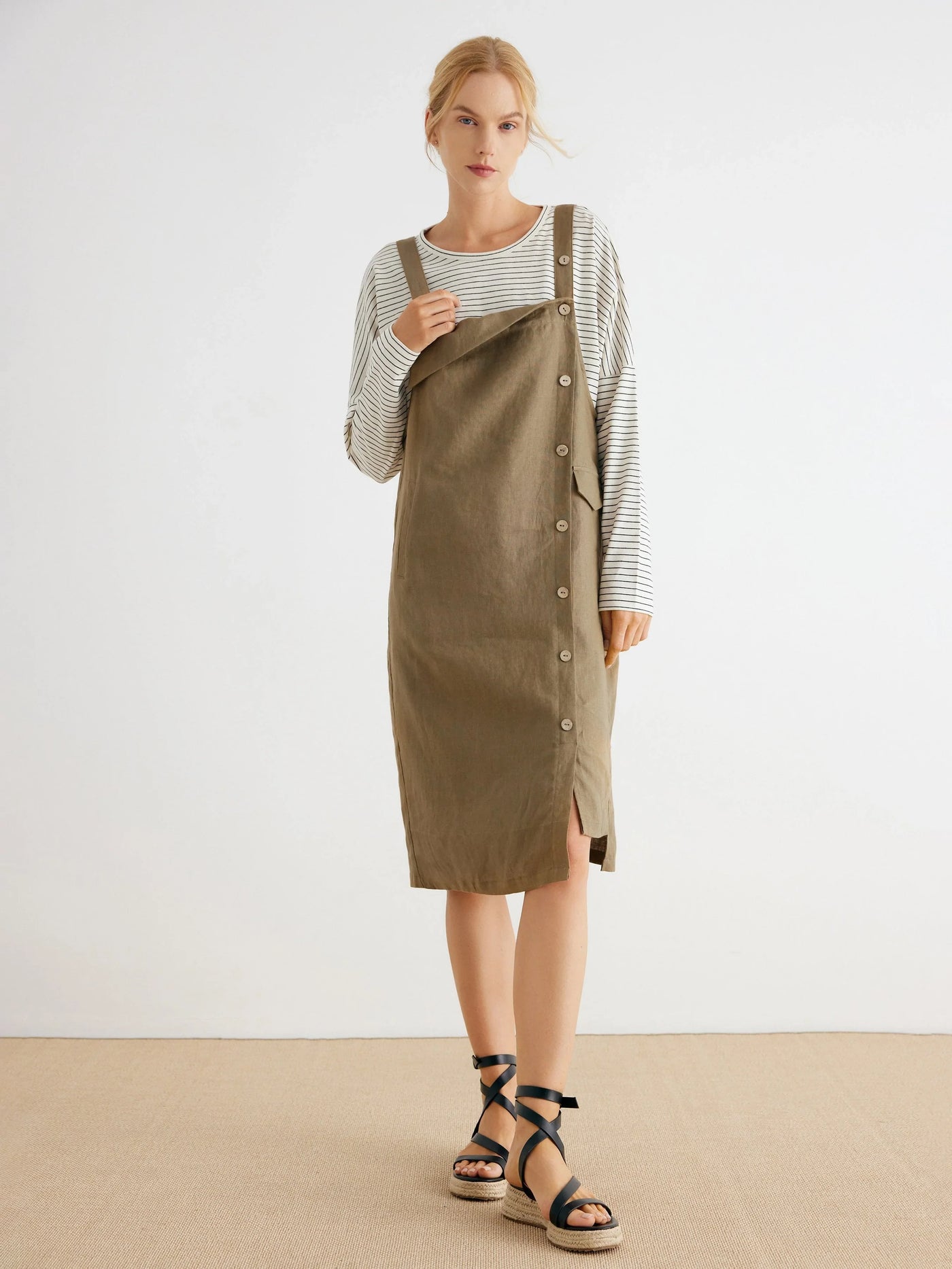 Milly 100% Linen Asymmetrical Buttons Slouchy Overall Dress