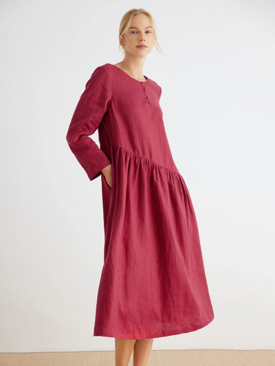 Wren 100% Linen Asymmetrical Waist Line Long Sleeve Dress