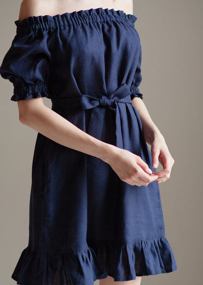 "Ayana" Navy Blue Off the Shoulder Linen Dress