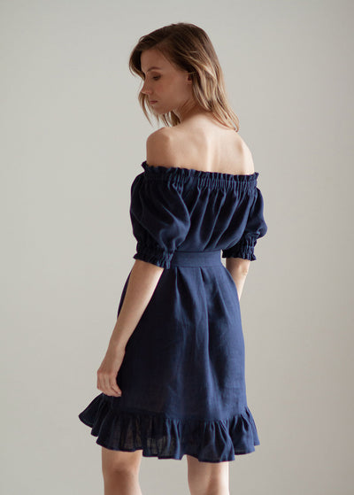 "Ayana" Navy Blue Off the Shoulder Linen Dress