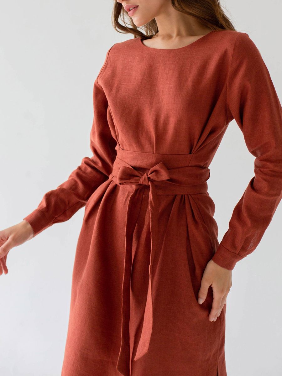 "Selena" Linen Burnt Orange Midi Dress