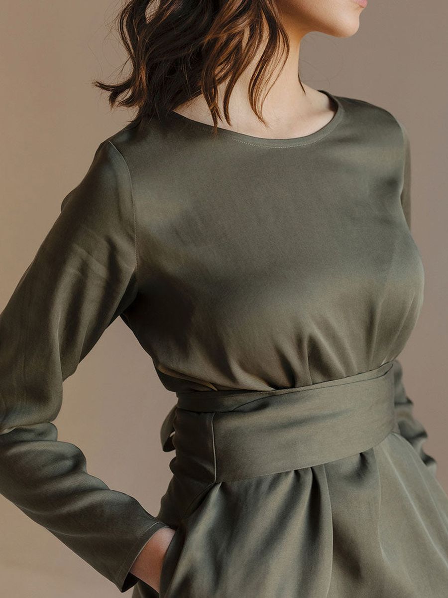"Selena" Linen Khaki Green Linen Dress