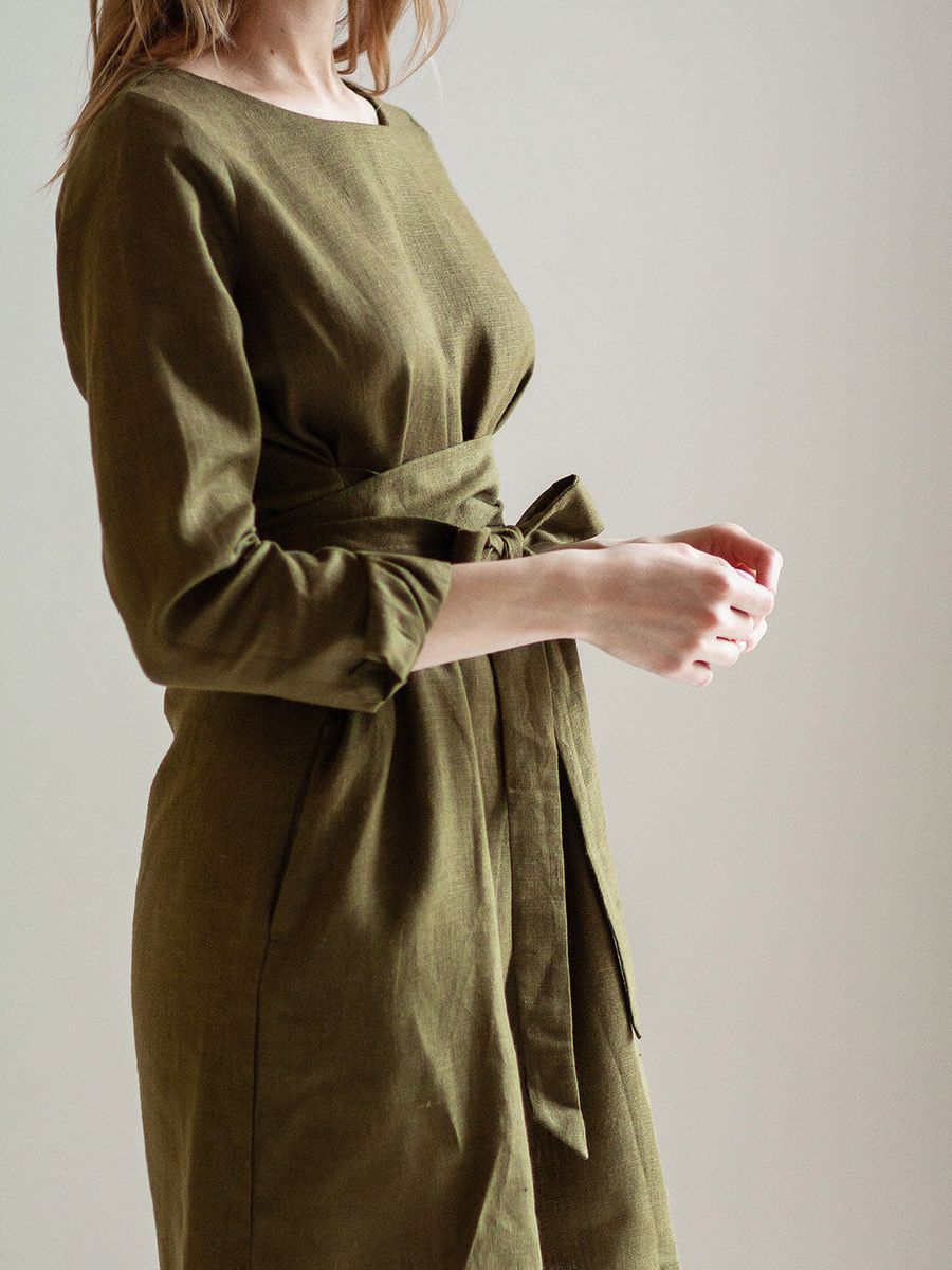 "Selena" Linen Khaki Green Linen Mini Dress