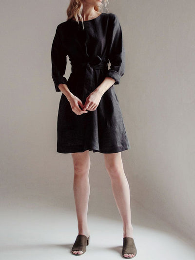 "Selena" Linen Long Sleeve Black Linen Dress