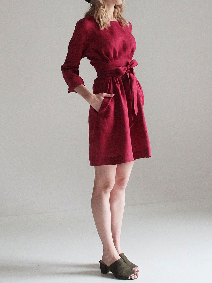 "Selena" Linen Long Sleeve Burgundy Mini Dress