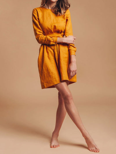 "Selena" Linen Mustard Yellow Mini Dress